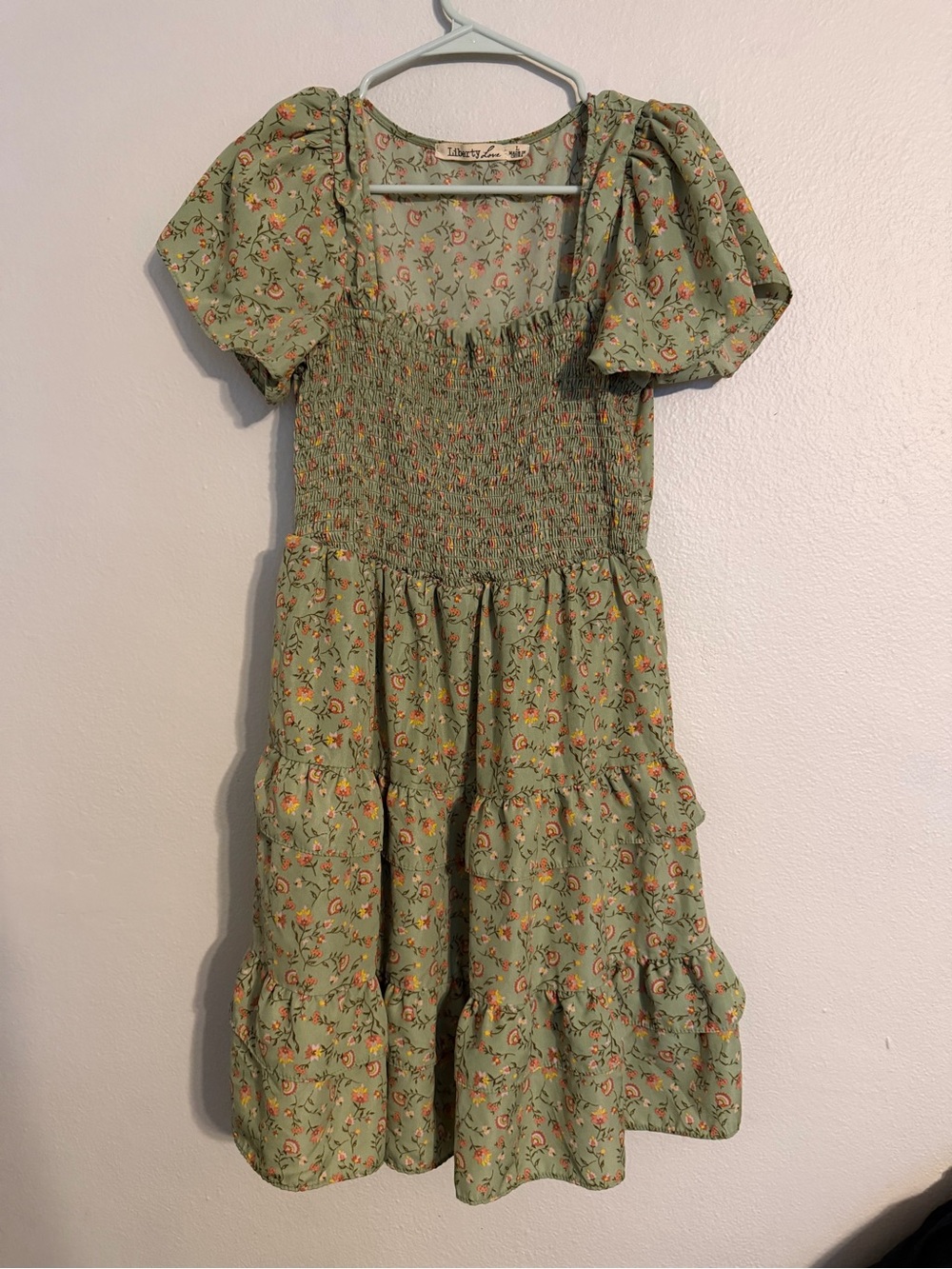 Liberty Love Smocked Cottagecore Tiered Midi Dress Sage Green Floral Womens L